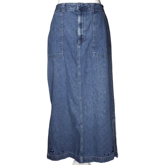 White Stag Denim Skirt Womens 10 Blue Long Maxi Embroidered Patch Pockets - Picture 1 of 13